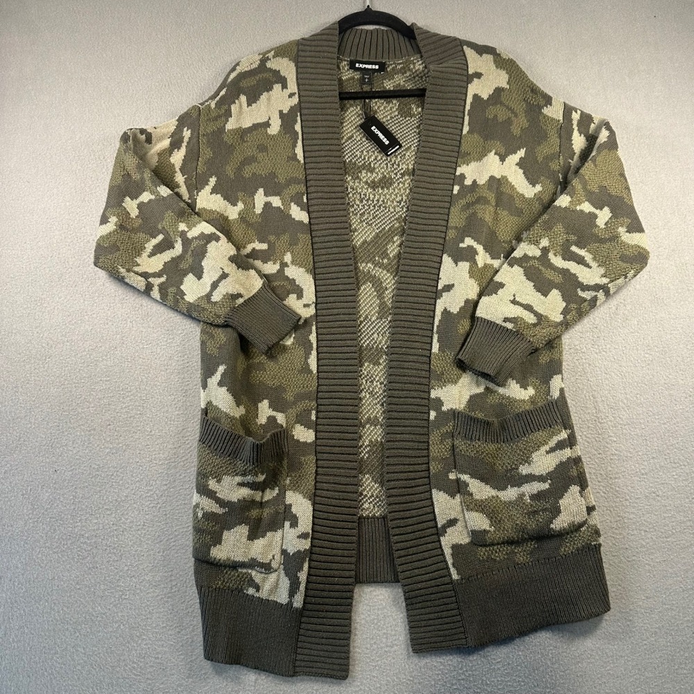 Express Womens Camo Open Front Cardigan Sweater Olive Green Pockets Small NEW